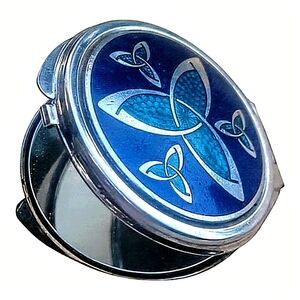 Blue Enamel Celtic Knot Slim Design Double Mirror Silver Compact